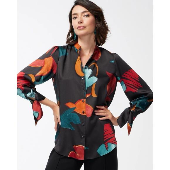 Chicos Abstract Floral Print Button Front Blouse Career Office Women 2.5 US L 14 - Picture 1 of 7